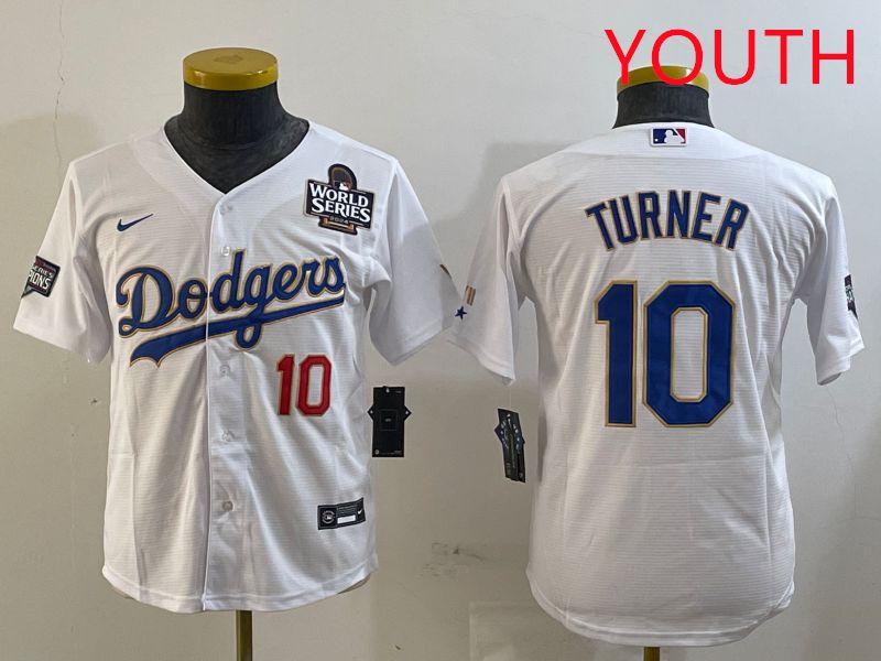 Youth Los Angeles Dodgers #10 Turner White Gold Game 2025 Nike MLB Jersey style 5->youth mlb jersey->Youth Jersey